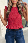 Plaid Shirred Ruffle Trim Tank Top