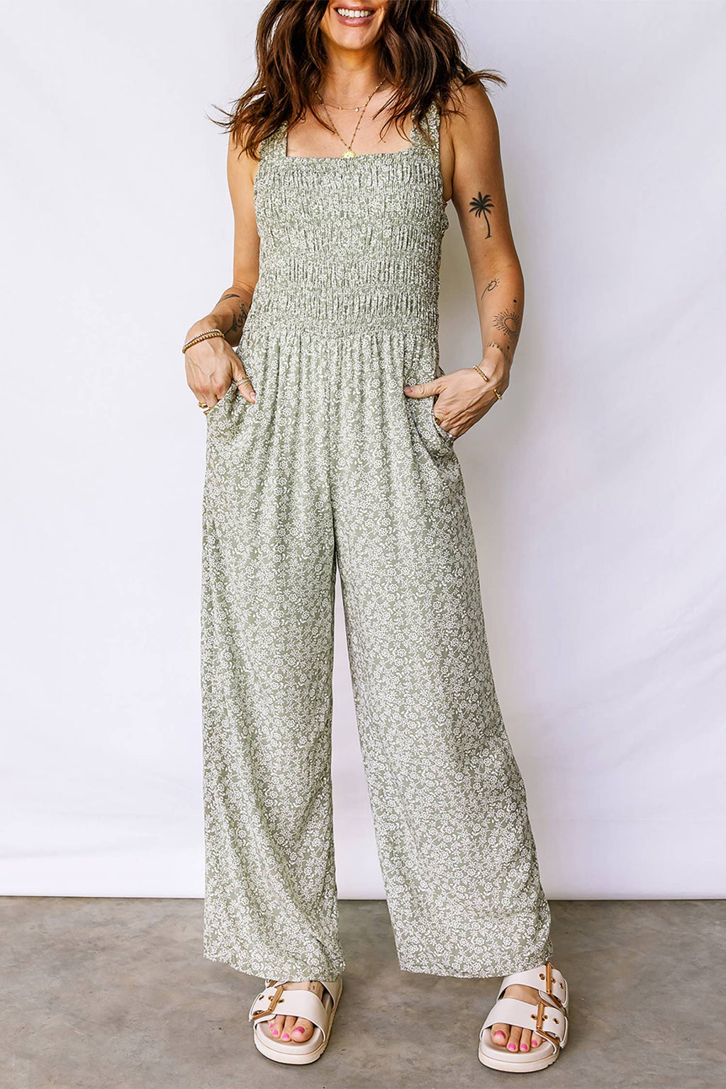 Floral Smocked Square Neck Jumpsuit
