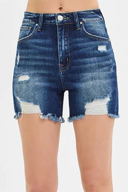 Risen HIGH RISE DISTRESSED MID THIGH SHORTS