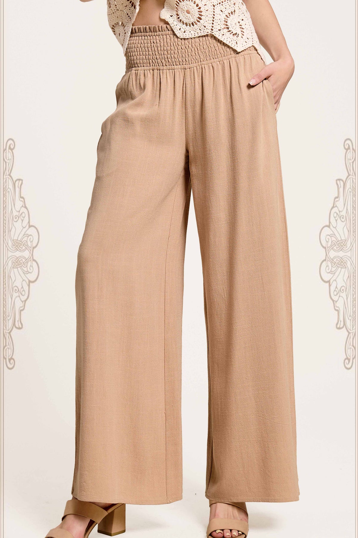 Smocked High Waist Pants with Side Pockets