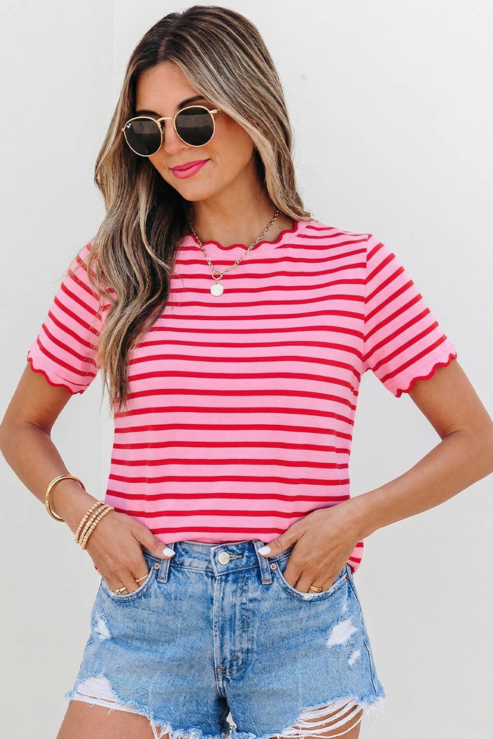 Stripe Scalloped Trim Top