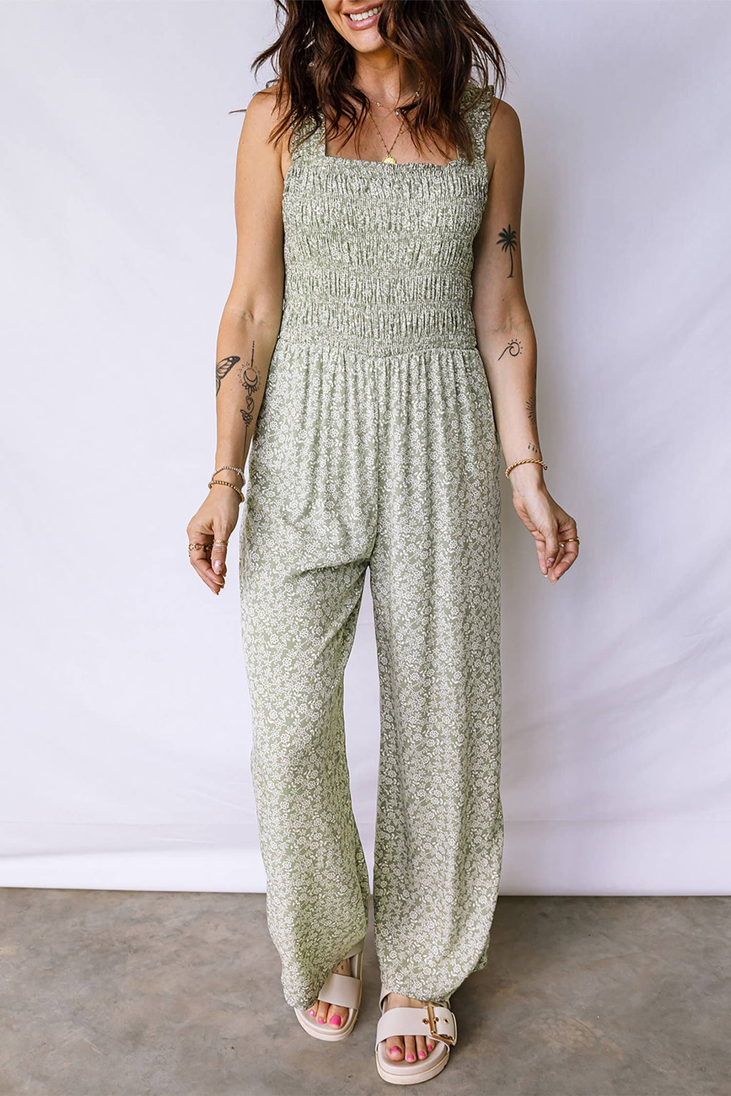 Floral Smocked Square Neck Jumpsuit