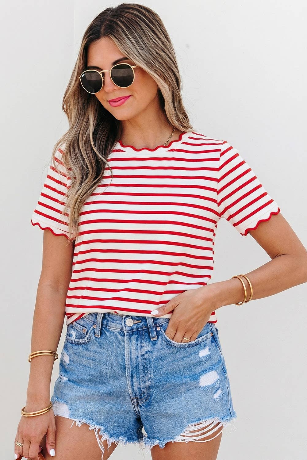 Stripe Scalloped Trim Top