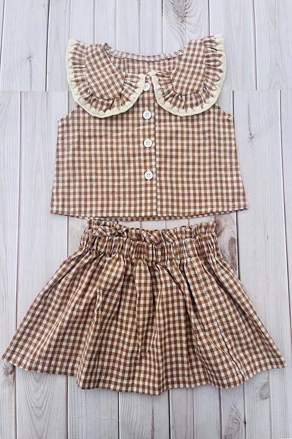 Girl’s brown plaid top & skirt set