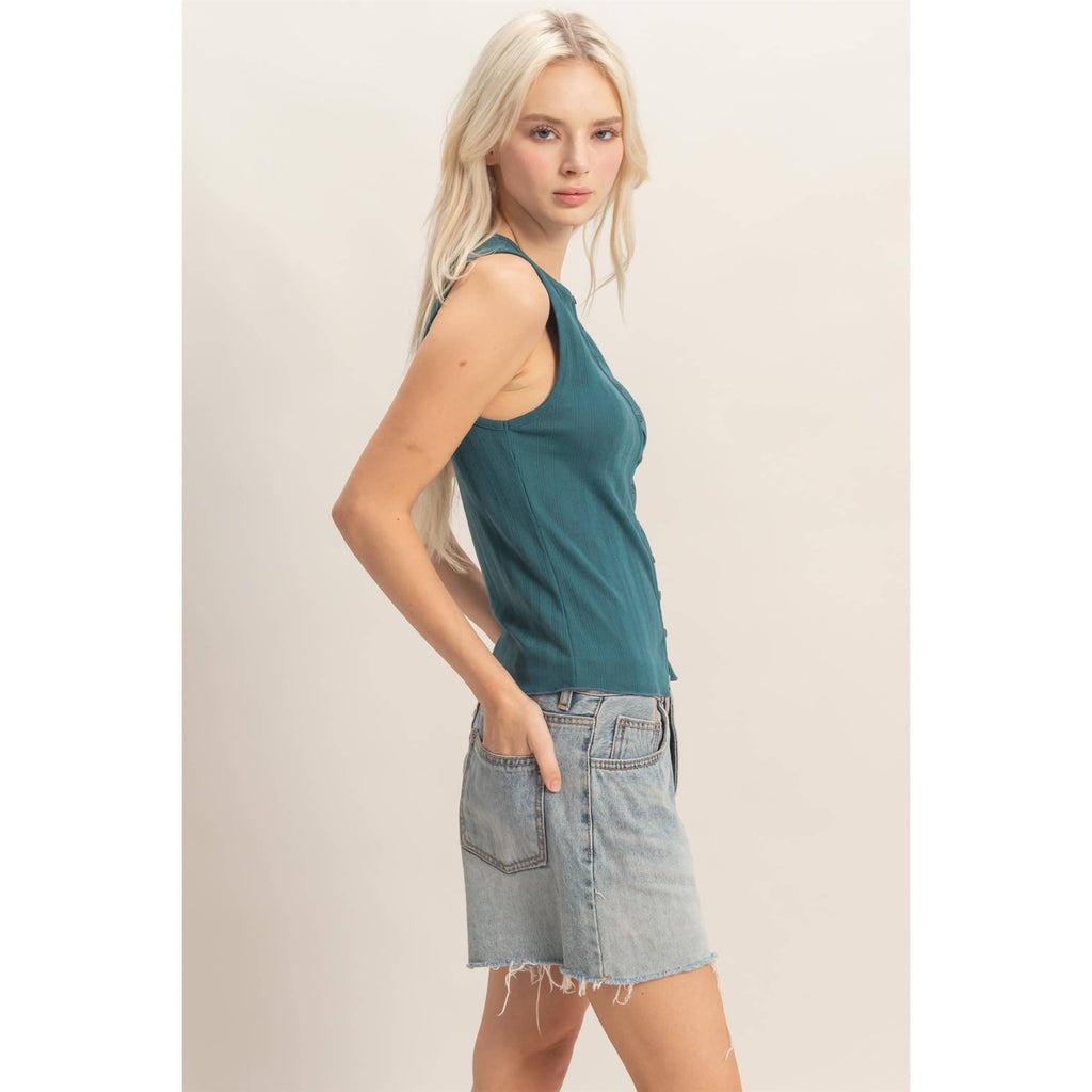 Sleeveless Pointelle Button Top