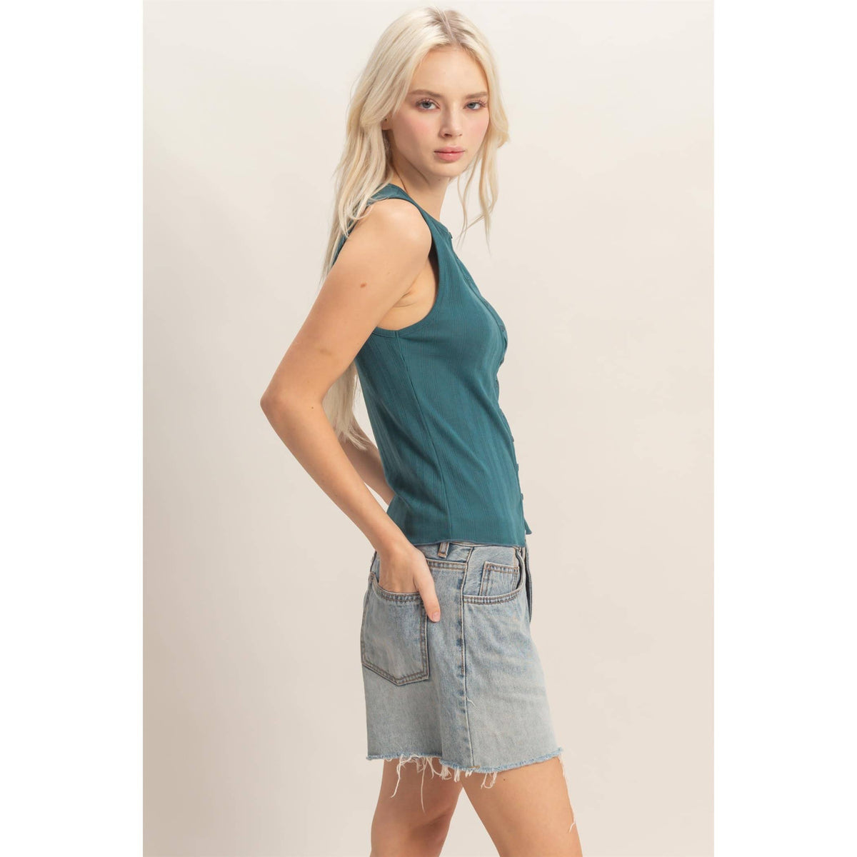 Sleeveless Pointelle Button Top