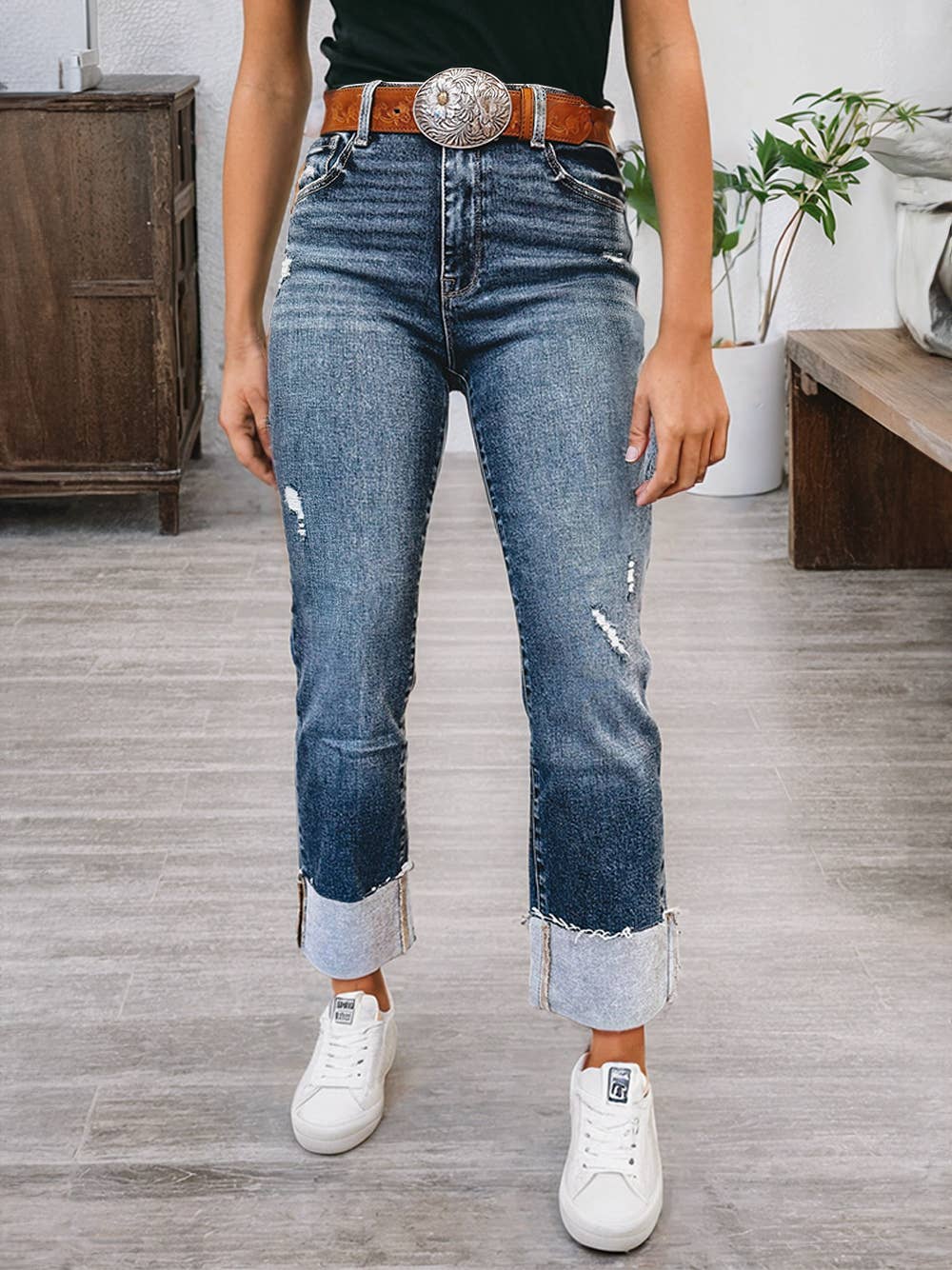 Turn-up Cuff Distressed Jeans