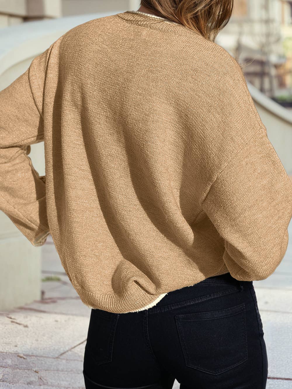 Leopard Bow Decor Split Cuff Contrast Trim Sweater