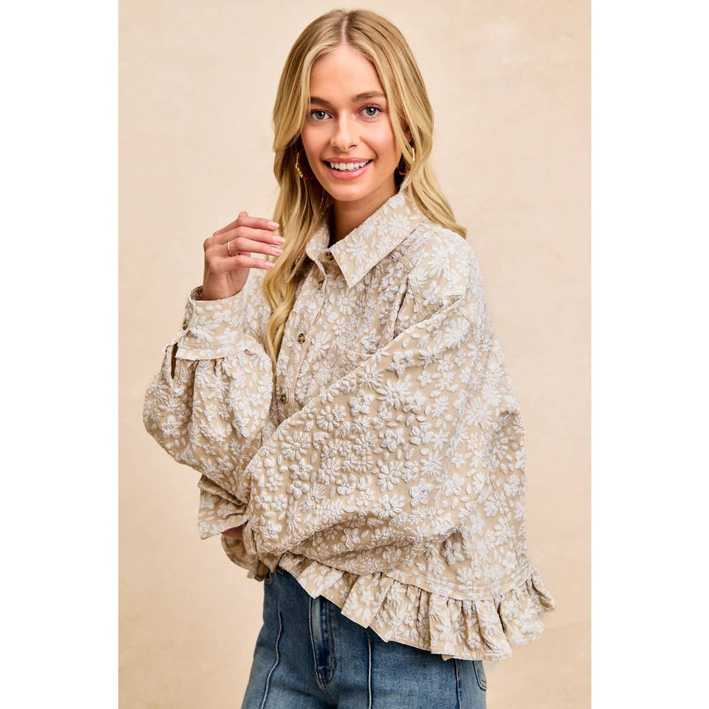 TEXTURED FLORAL PATTERN RUFFLED HEM TOP