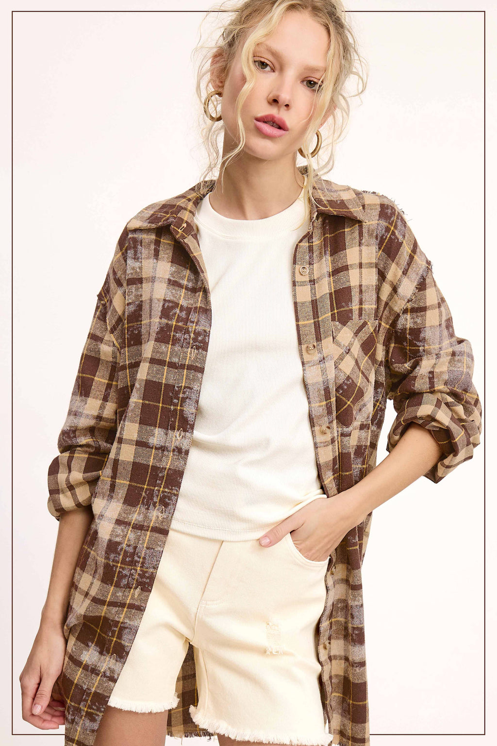 Plaid Acid Wash Rough Edge Button Down Top