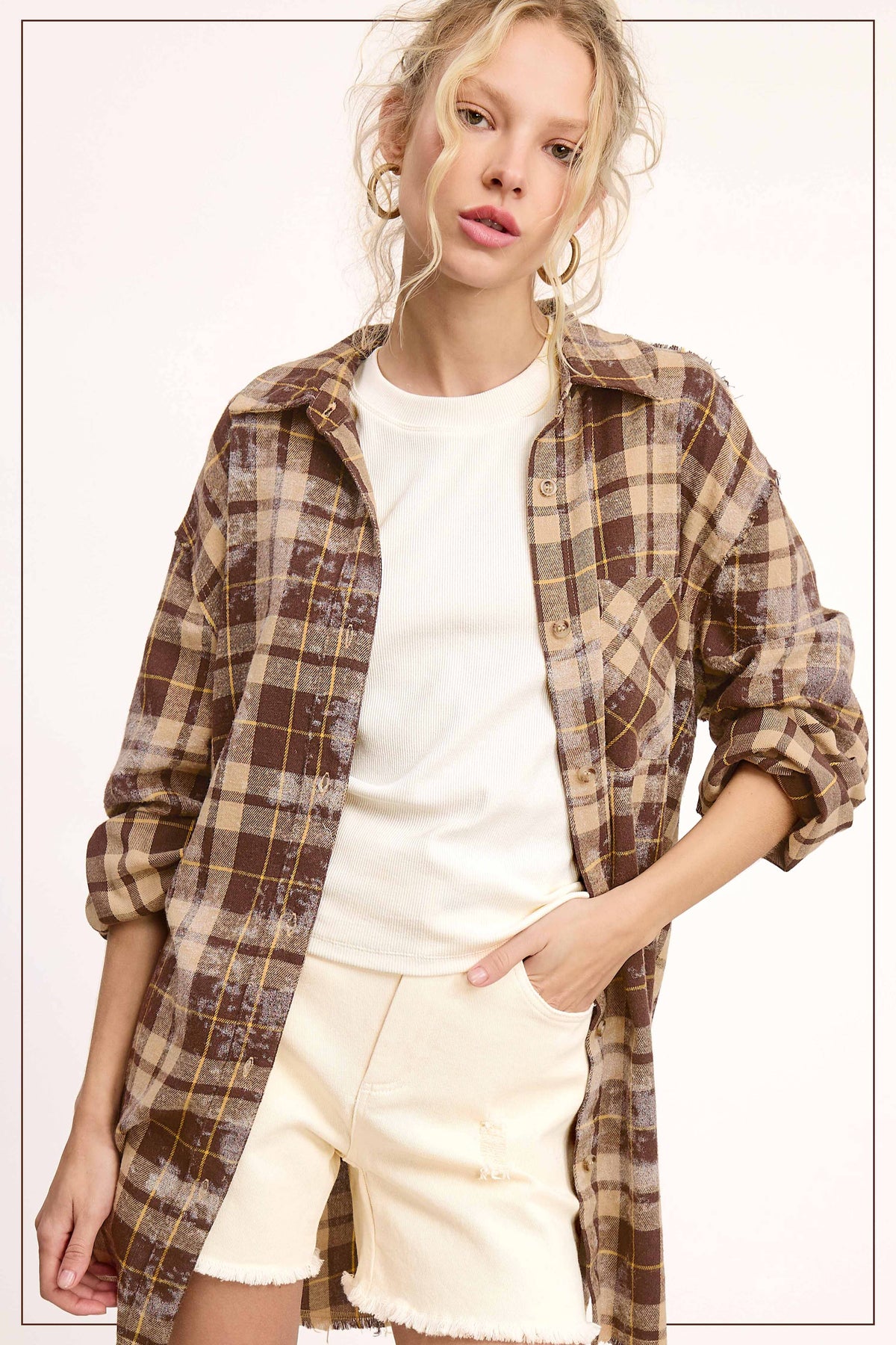 Plaid Acid Wash Rough Edge Button Down Top