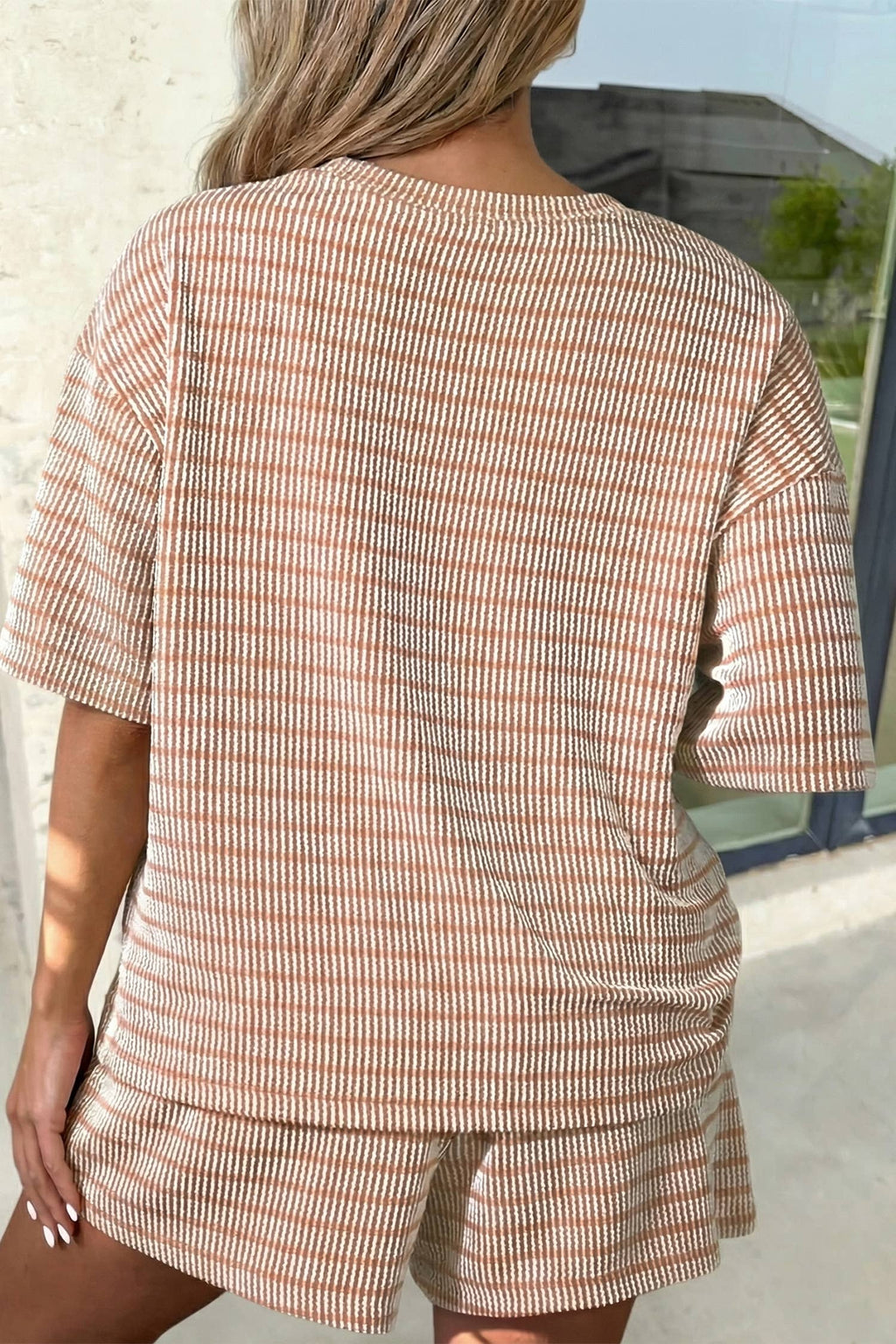 Stripe Ribbed Loose Tee Drawstring Shorts Set