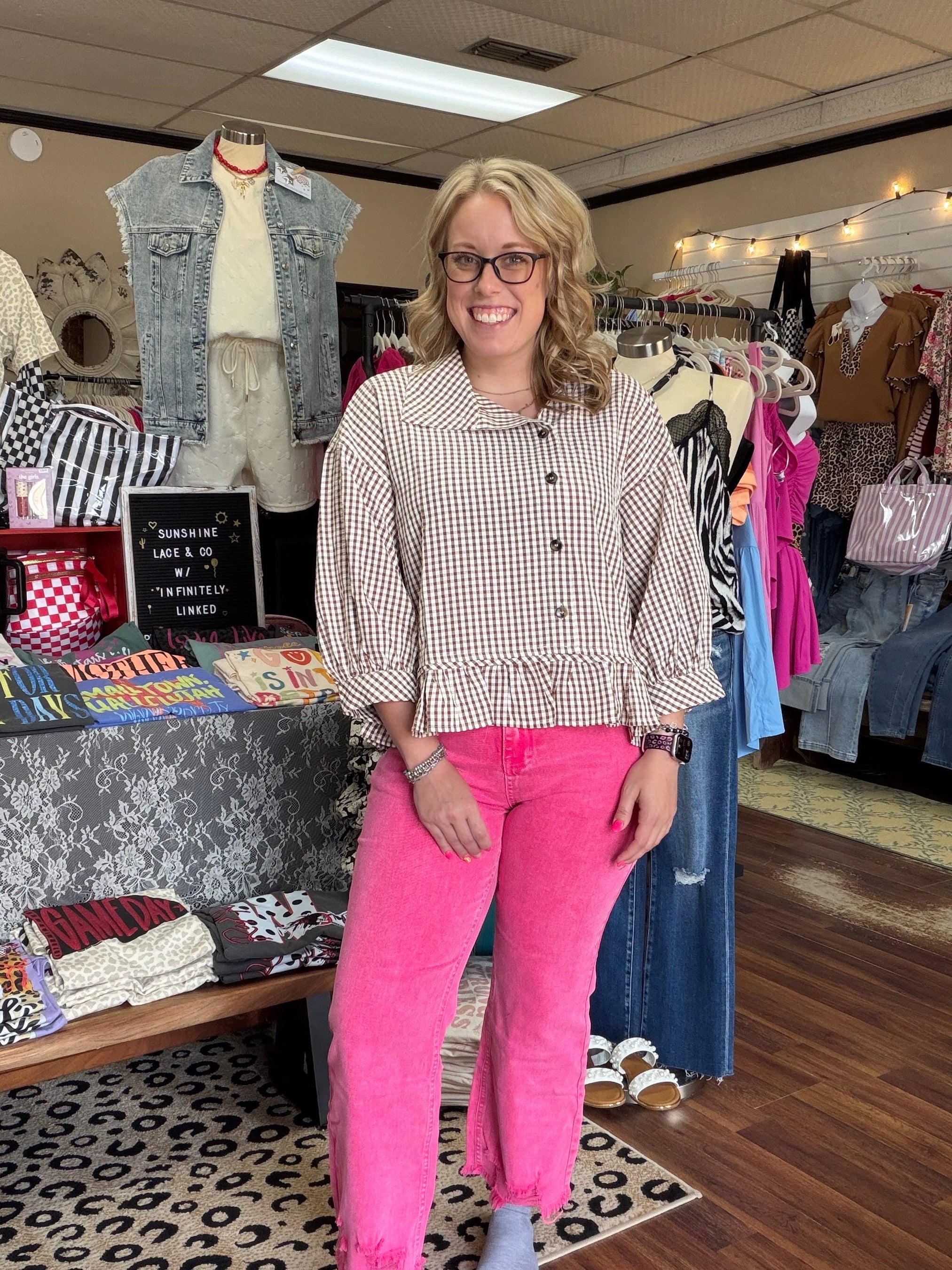 Cocoa Gingham Button Top