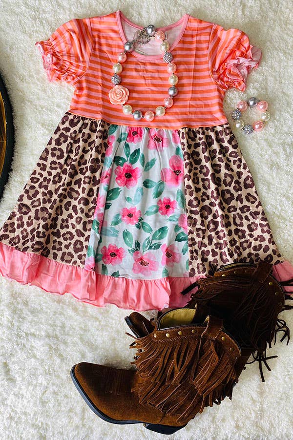Girl’s Striped Leopard & Floral print dress