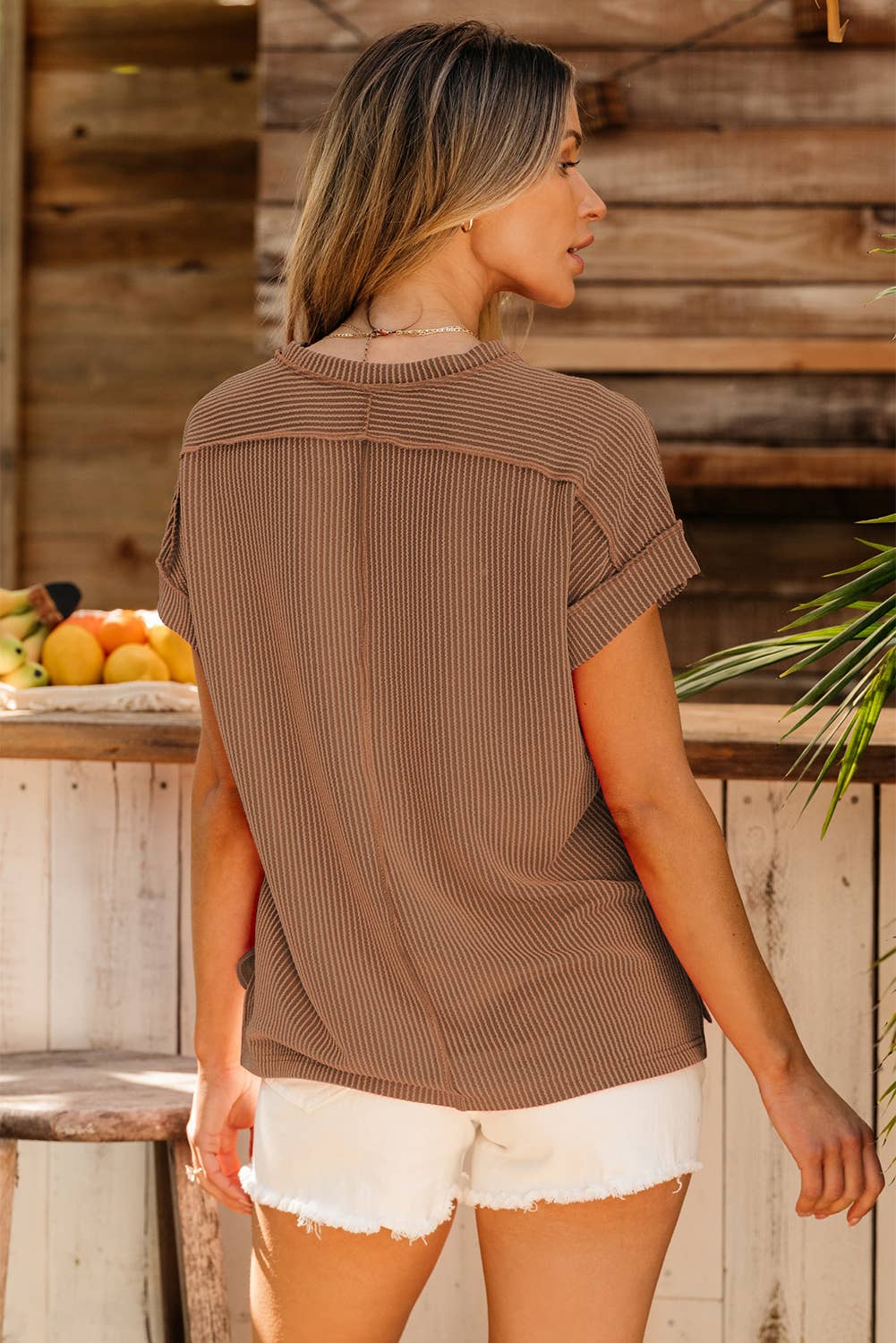 Textured Knit Exposed Stitching T-shirt
