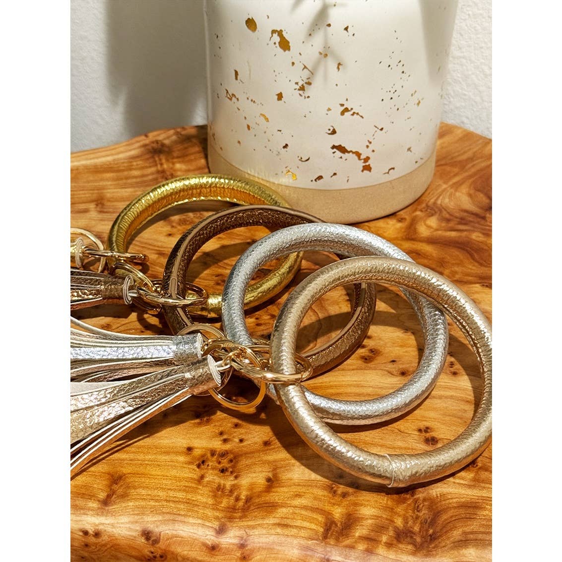 Metallic Leather Wristlet Bangle Key Chain