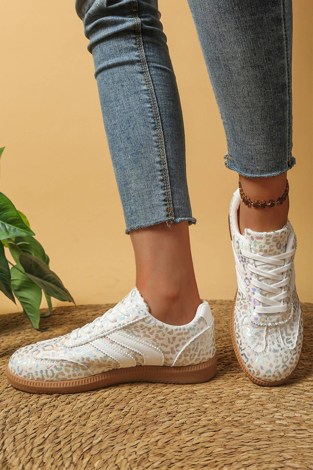 Leather Detail Shimmer Leopard Printed Sneakers