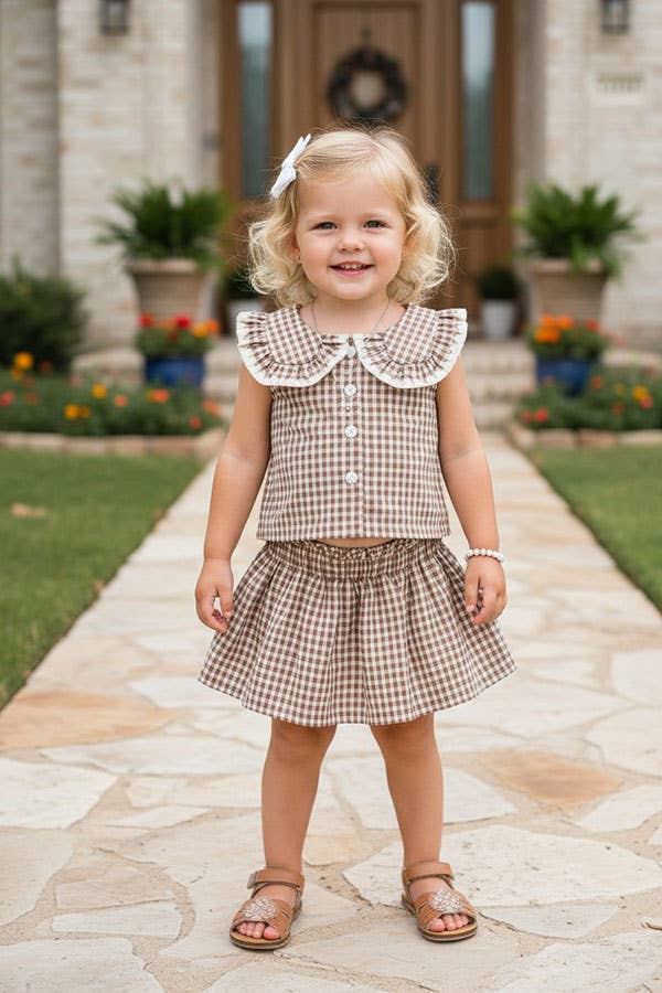Girl’s brown plaid top & skirt set