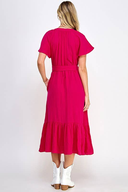 Fuchsia Midi Front Button Dress
