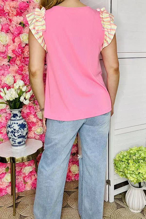 Pink & striped ruffle sleeve blouse