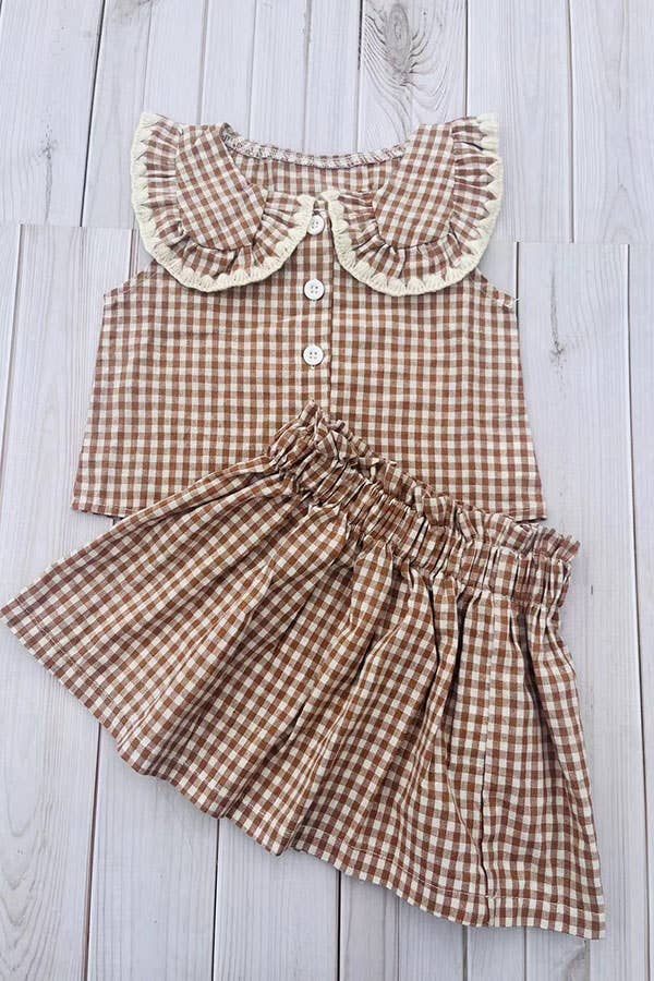Girl’s brown plaid top & skirt set