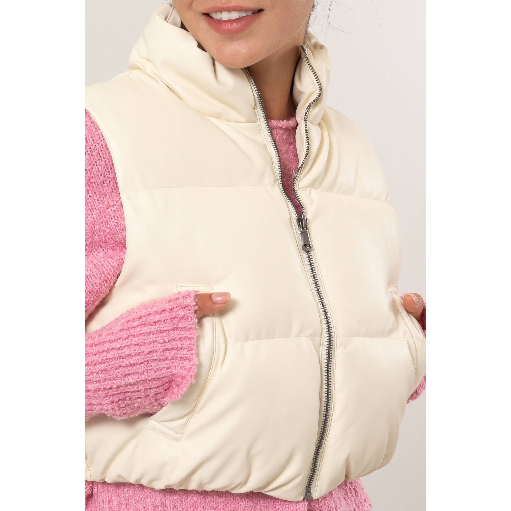 Leather Cropped Puffer Vest