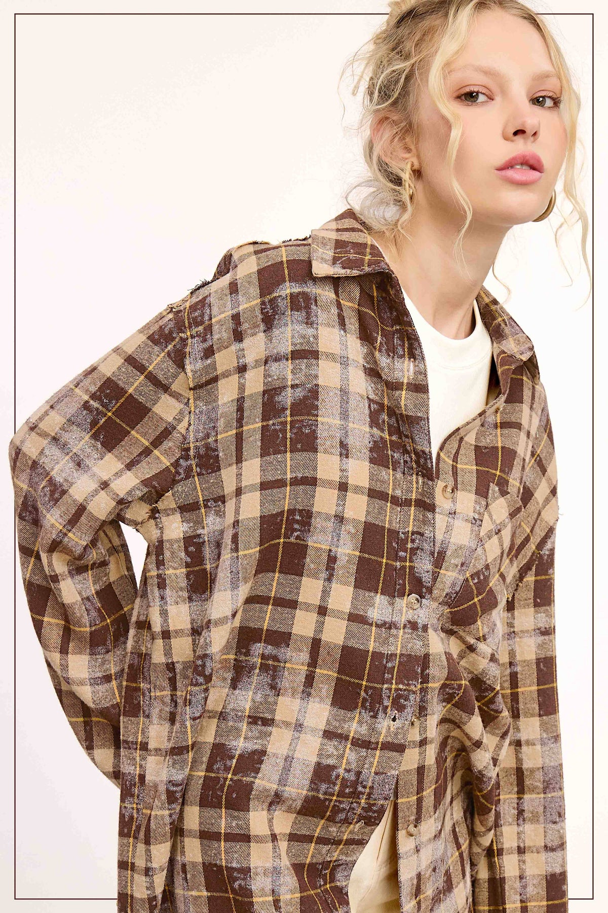 Plaid Acid Wash Rough Edge Button Down Top