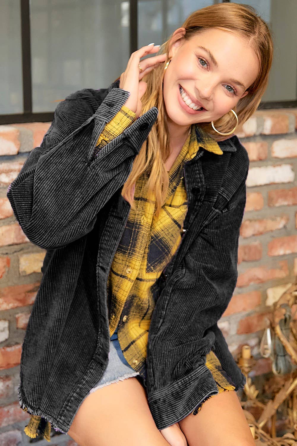 Oversized Washed Fabric Corduroy Button Down Jacket