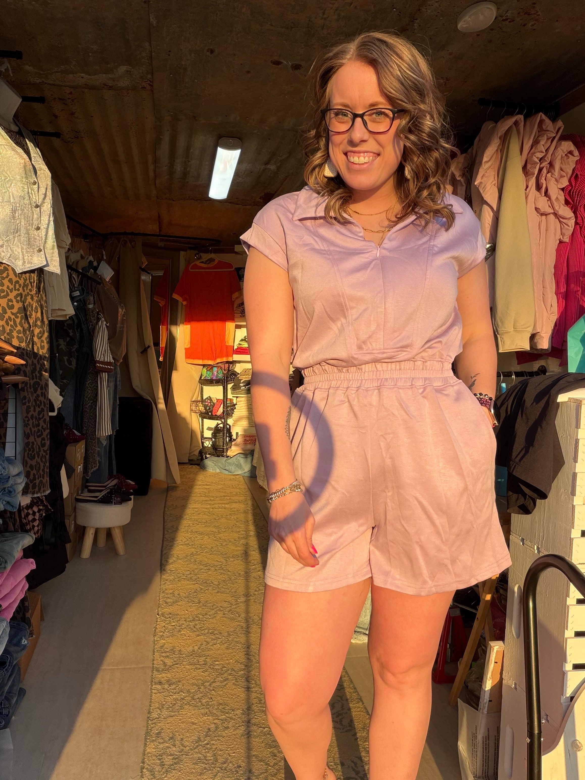 Lavender Front Zip Romper