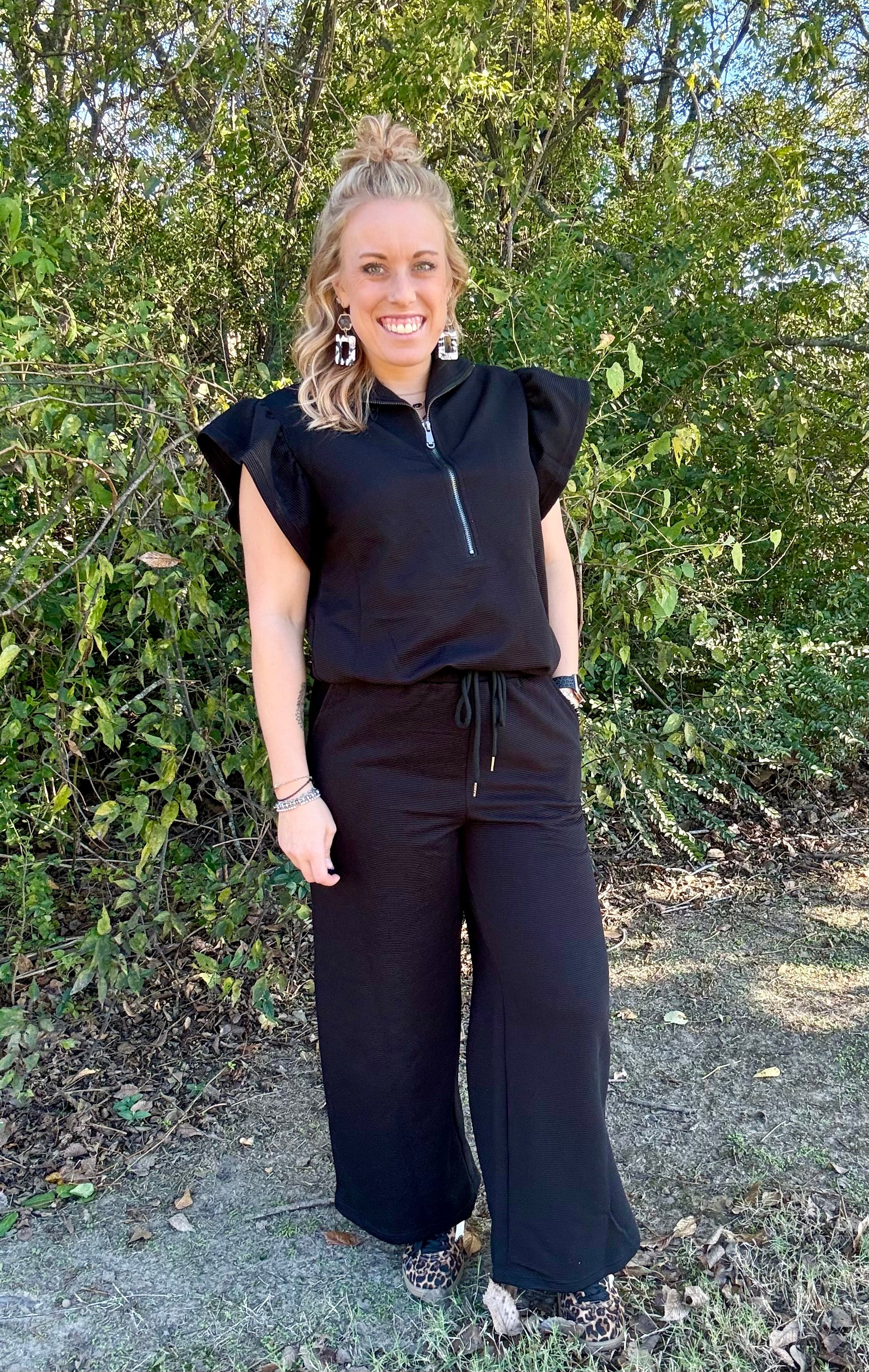 Textured Ruffled Sleeve Zipped Top and Wide Leg Pants Set
