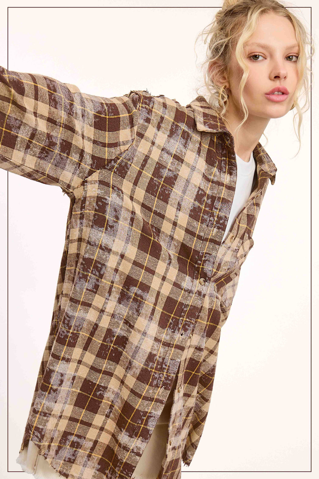 Plaid Acid Wash Rough Edge Button Down Top