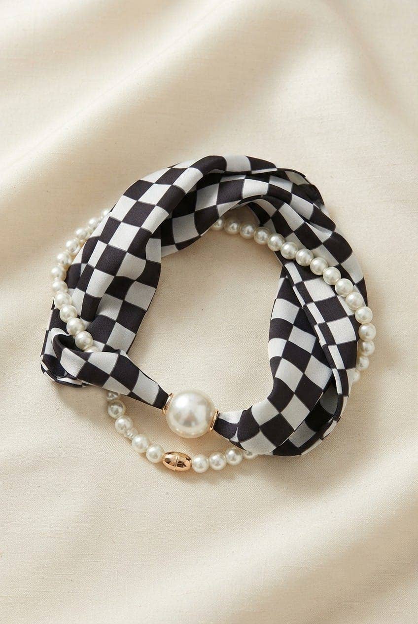 Checker Print Pearl Silk Scarf Necklace