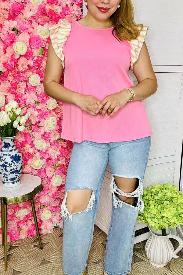 Pink & striped ruffle sleeve blouse