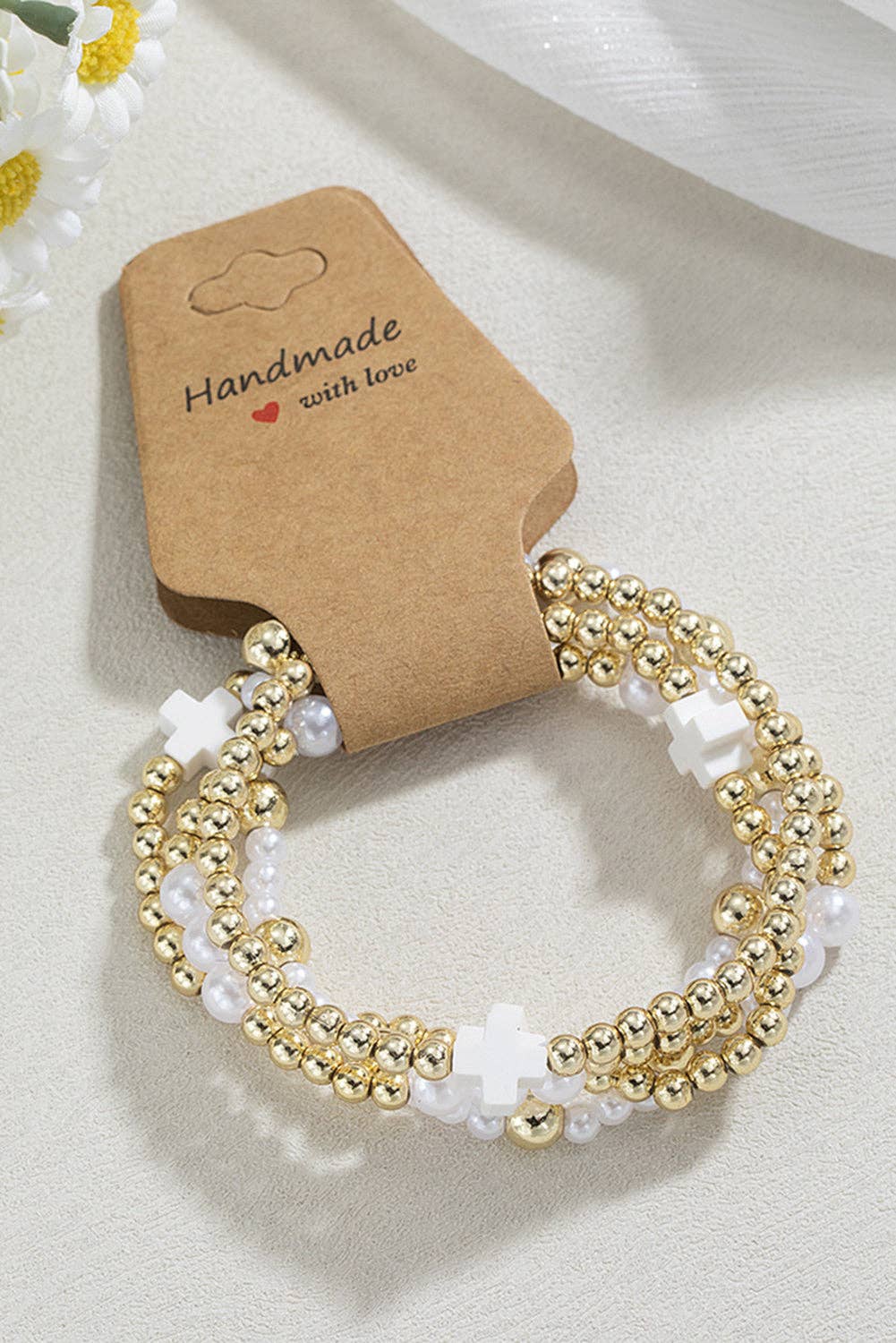 White Cross Pearl Decor Beaded Elastic Multi Layered Bracelet