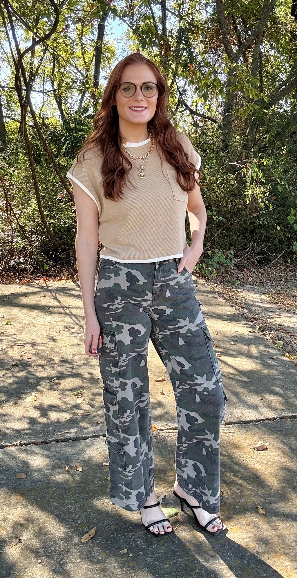 Camo Denim Cargo Wide Leg Pants