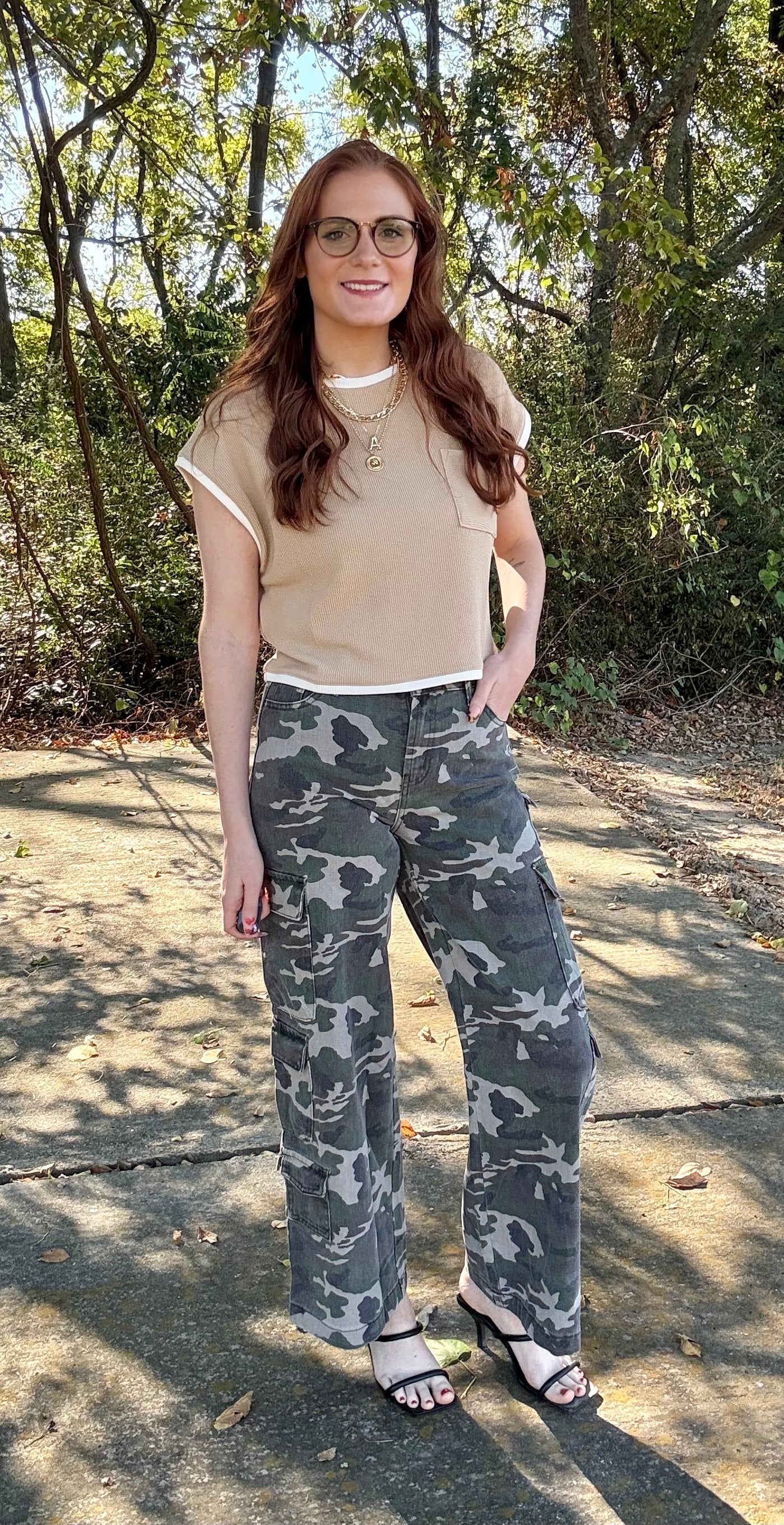 Camo Denim Cargo Wide Leg Pants