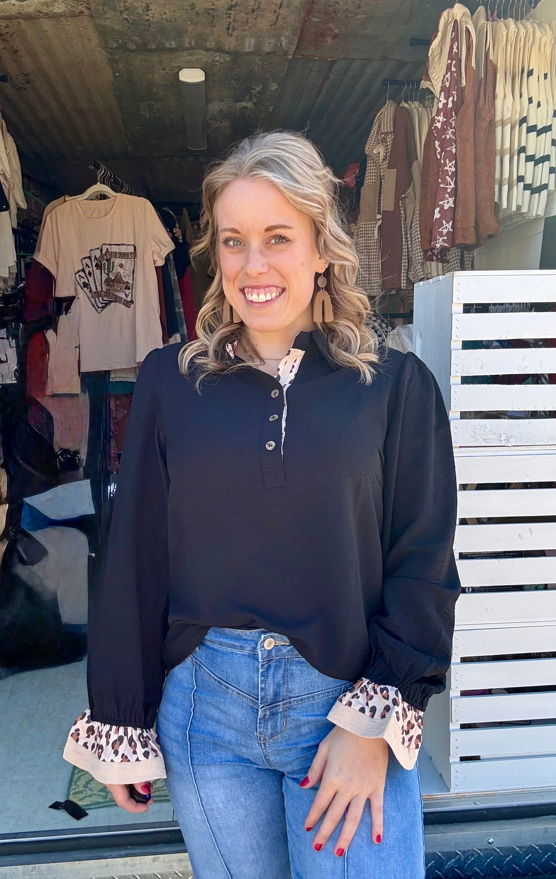 Long Sleeve Patchwork Leopard Top