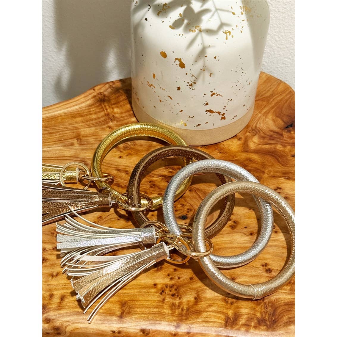 Metallic Leather Wristlet Bangle Key Chain