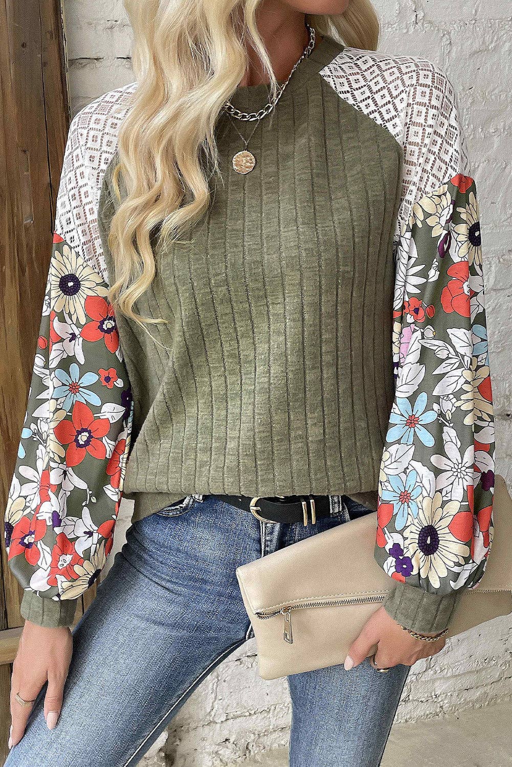 Olive Green Floral Patchwork Long Sleeve Ribbed Blouse