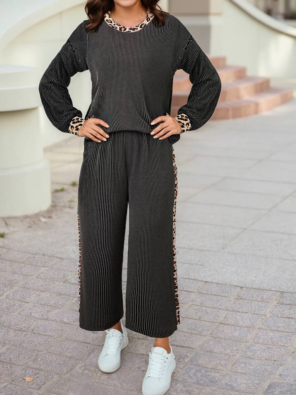 Twisted Rib Texture Leopard Patchwork Detail 2pcs Pant Sets