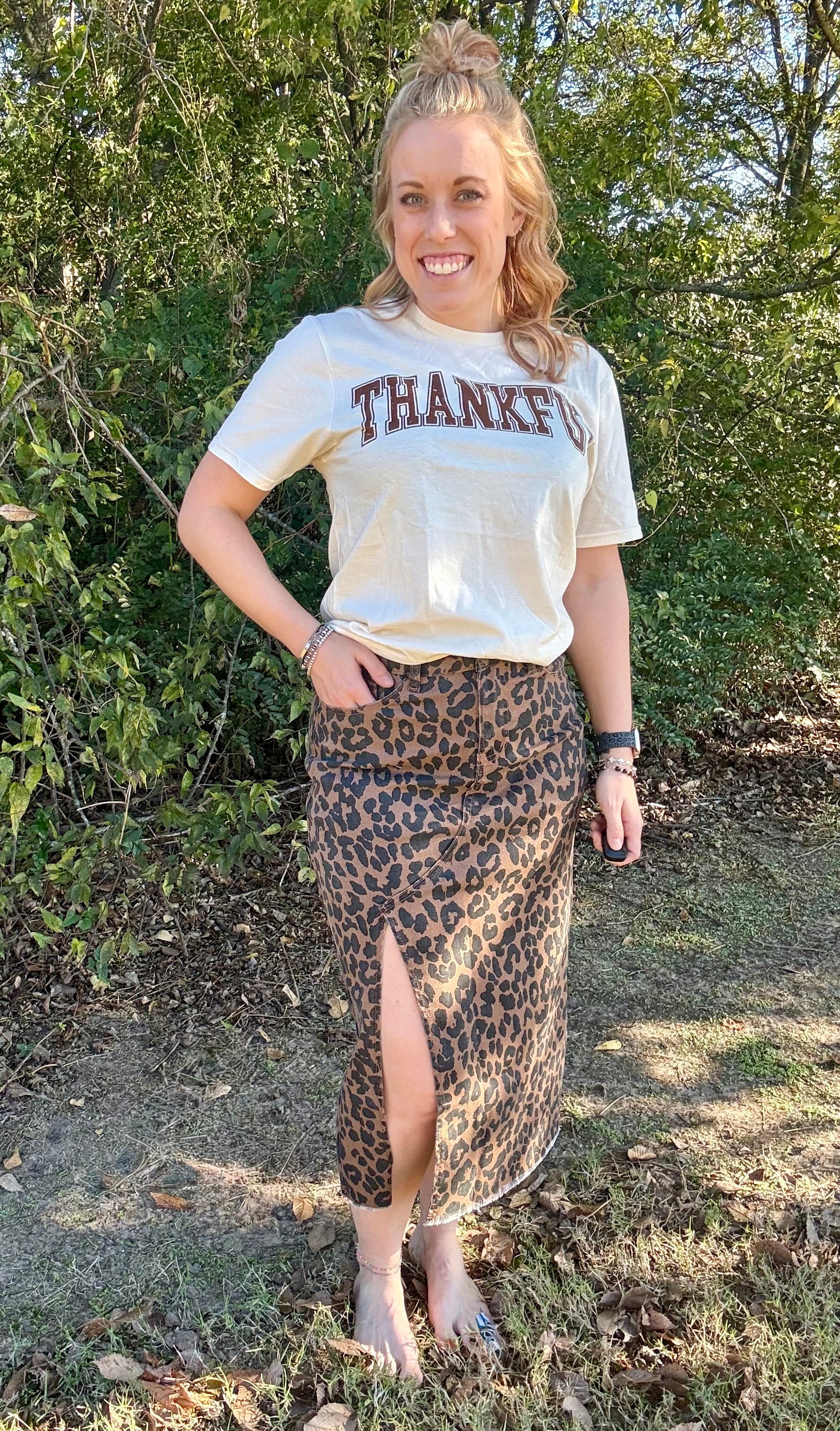Leopard Denim Frayed Split Midi Skirt