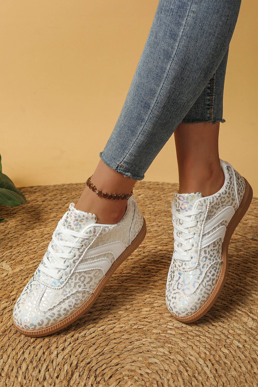 Leather Detail Shimmer Leopard Printed Sneakers