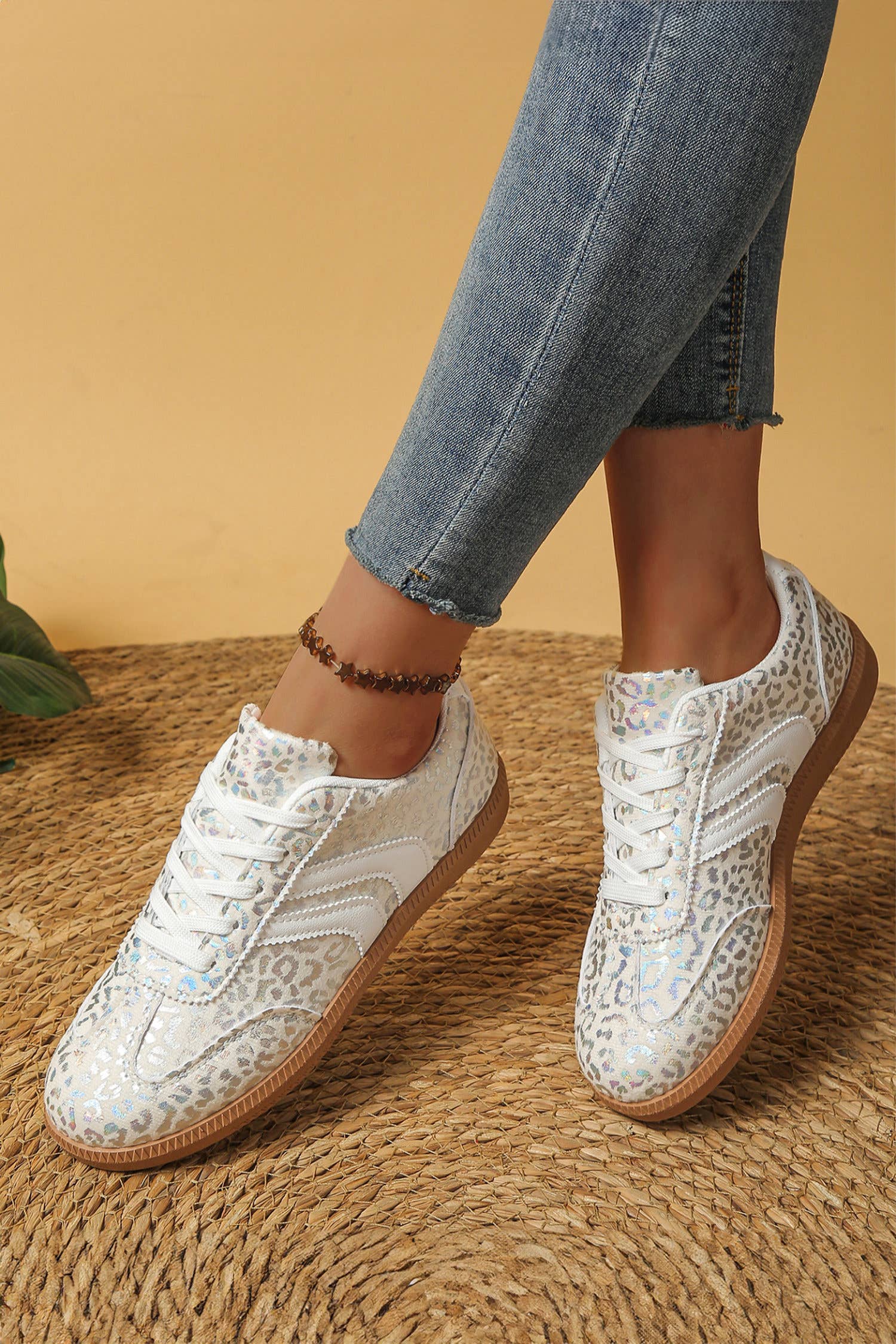 Leather Detail Shimmer Leopard Printed Sneakers