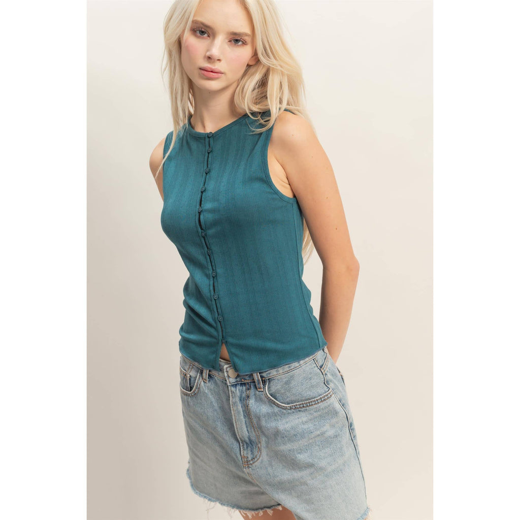 Sleeveless Pointelle Button Top