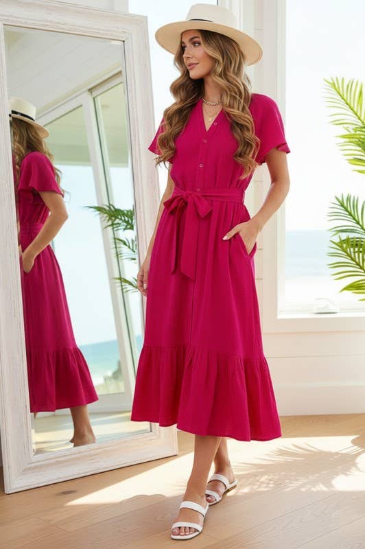 Fuchsia Midi Front Button Dress