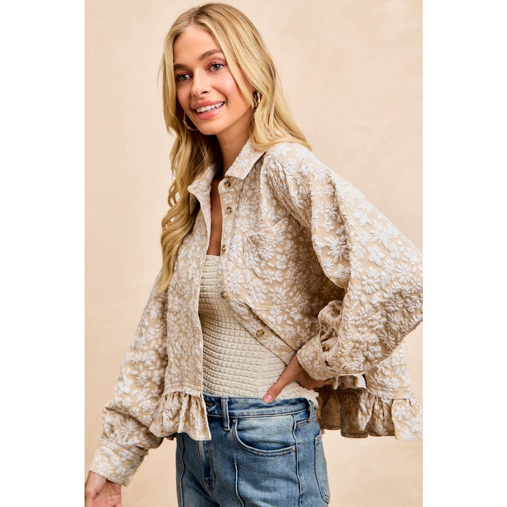 TEXTURED FLORAL PATTERN RUFFLED HEM TOP