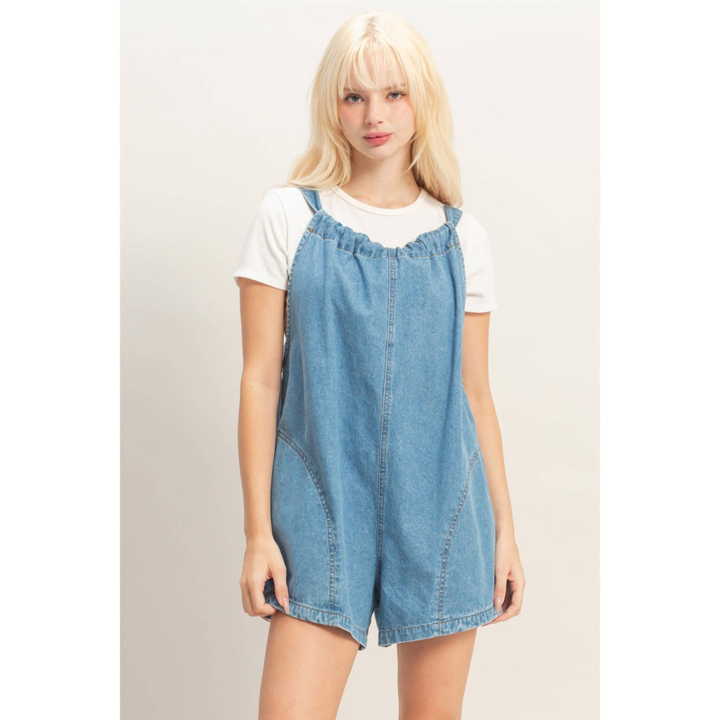 Denim Romper With Gathered Neck