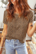 Leopard Print Ribbed Trim Round Neck Tee