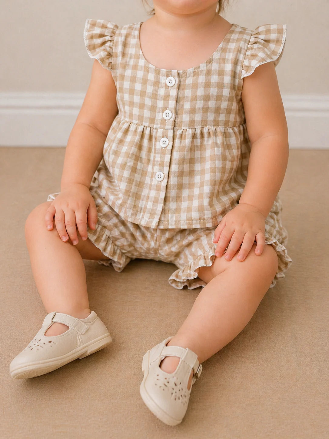 Beige Gingham Shorts set