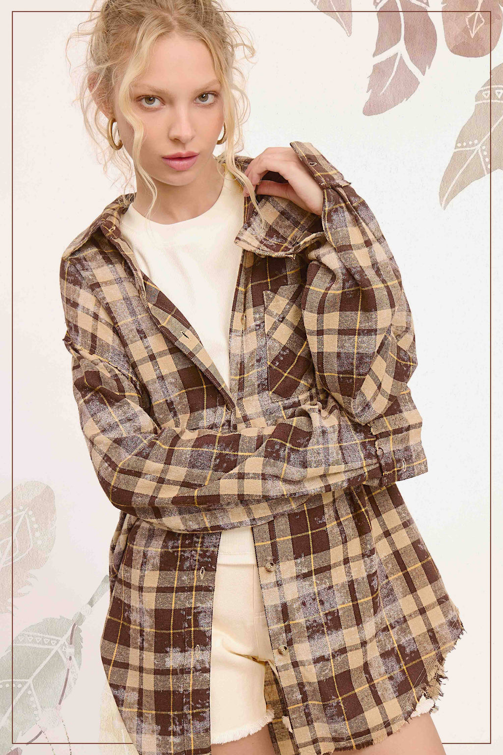 Plaid Acid Wash Rough Edge Button Down Top